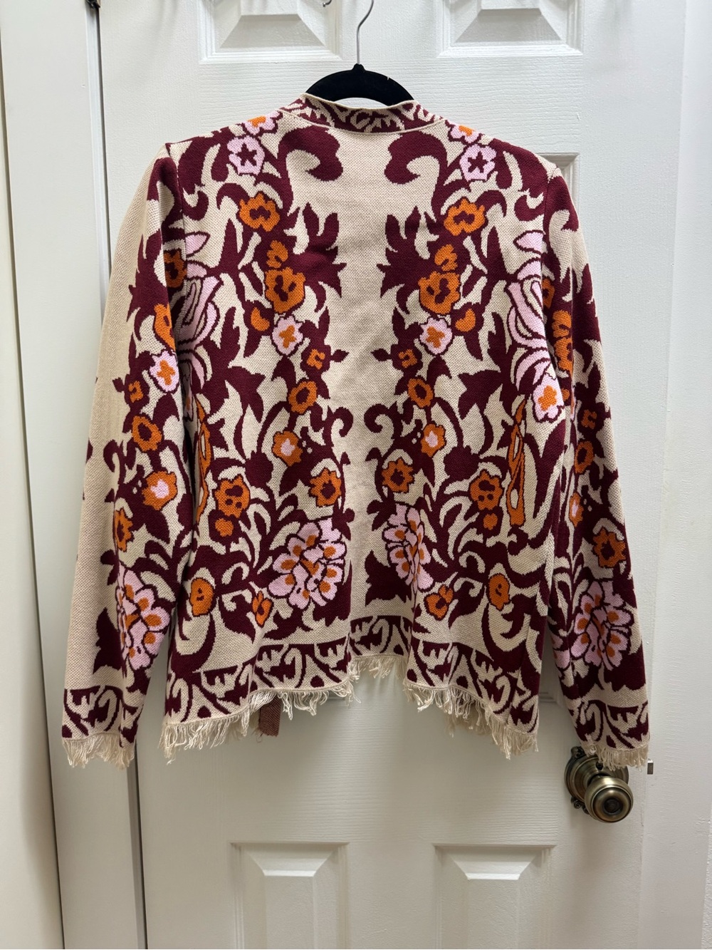 Floral Fringe Knit Cardigan - Cream & Burgundy